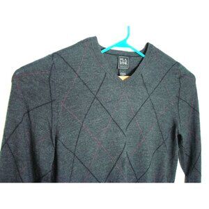 Jos. A. Bank Traveler Sweater Mens L Merino Wool V Neck Gray Black Maroon Stripe